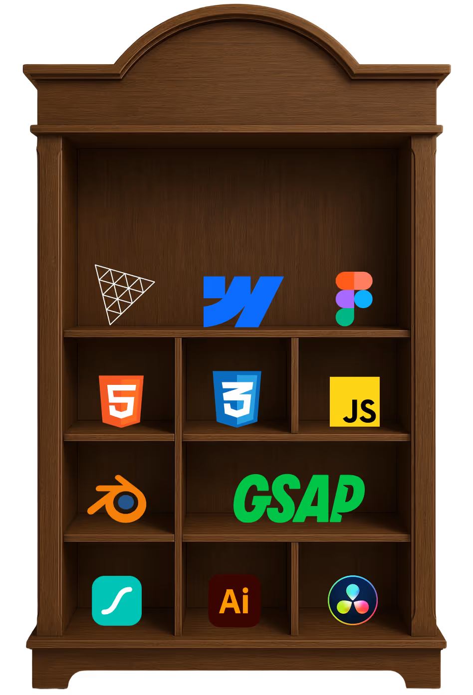 Showcase of Mahek Dave’s essential web development tools displayed on a wooden shelf, featuring Webflow, Figma, HTML5, CSS3, JavaScript, GSAP, Blender, Illustrator, and DaVinci Resolve
